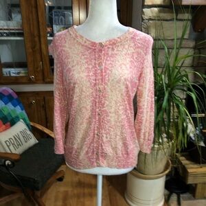 TALBOTS SIZE MEDIUM PETITES PINK MULTICOLORED BUTTON UP CARDIGAN 3/4 SLEEVE